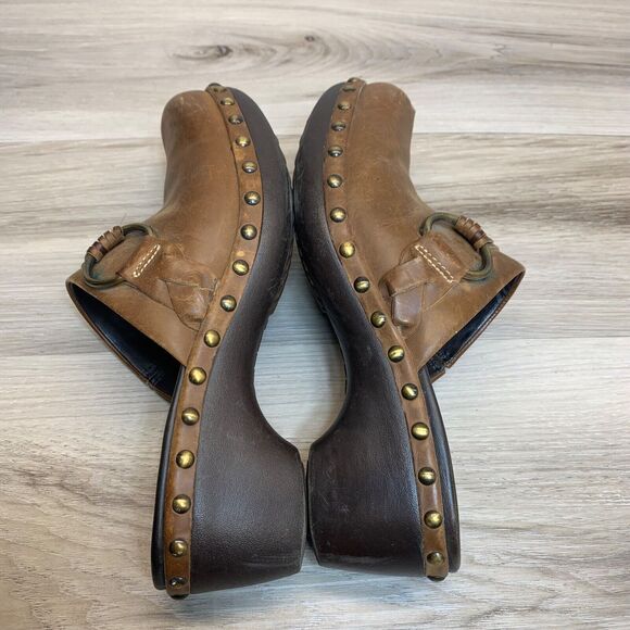 Ecco Leather Studded Slip On Size 6 EU 37 Mules Clogs Chunky Strap Boho Brown - Picture 2 of 14